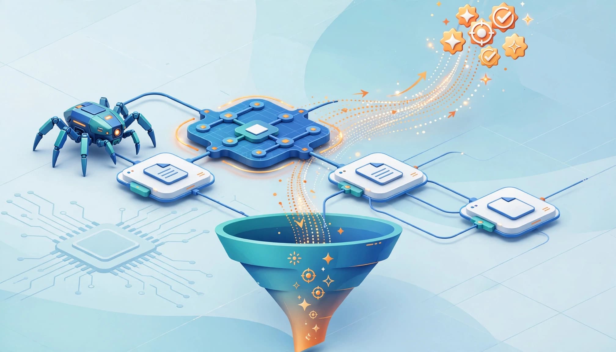 A verified sitemap links a crawler to web pages and an upward path toward qualified leads.