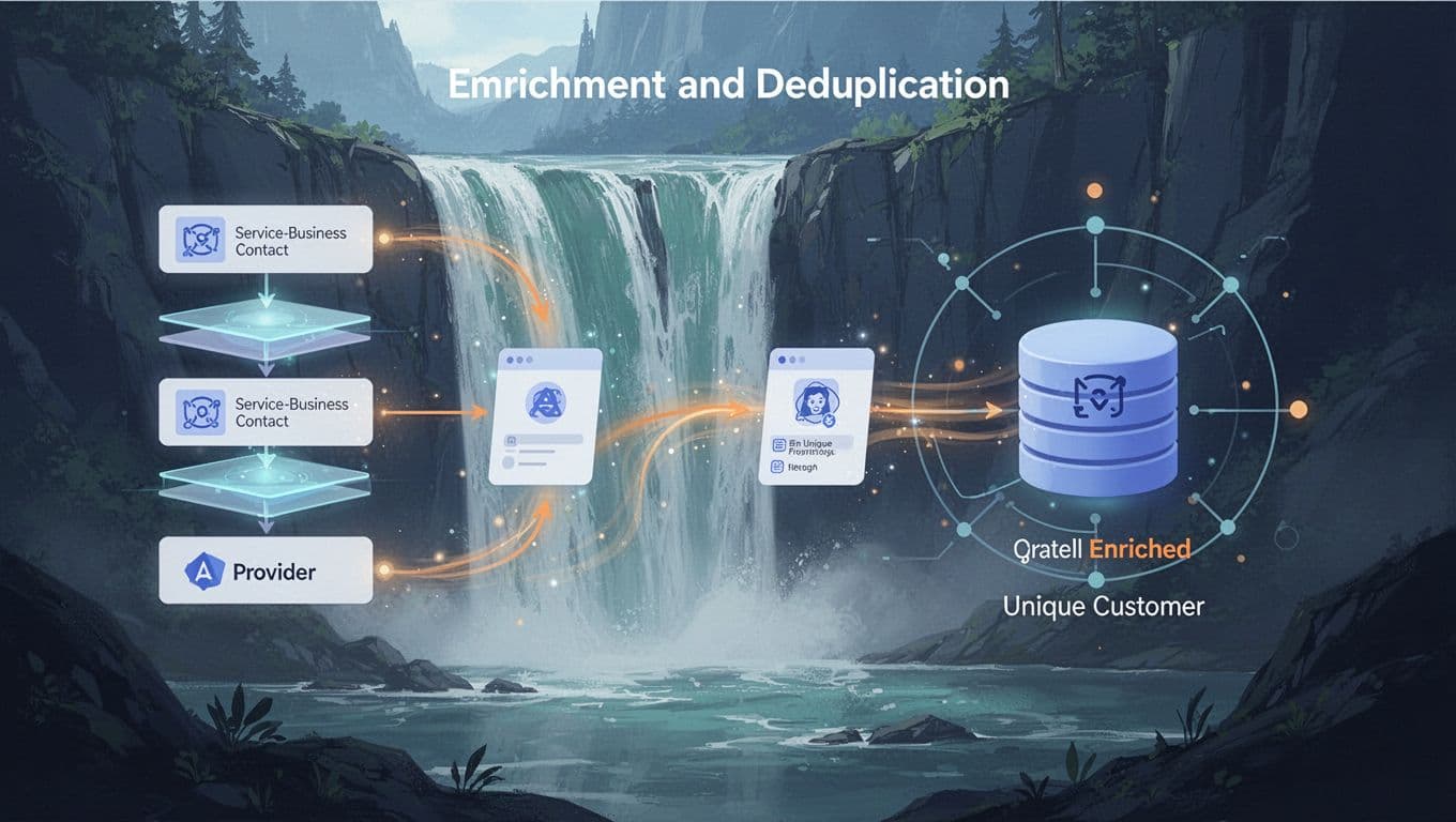 An incomplete business record passes through provider layers and merges with a matching database record.