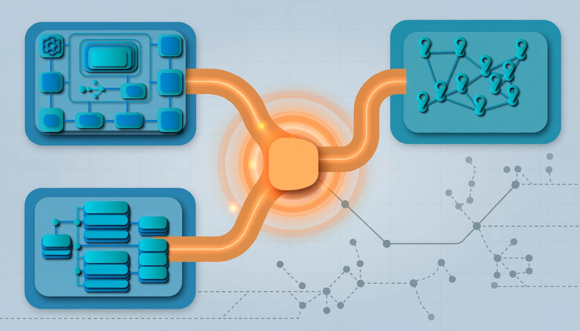 Abstract service and location pages connect through an orange conversion path.