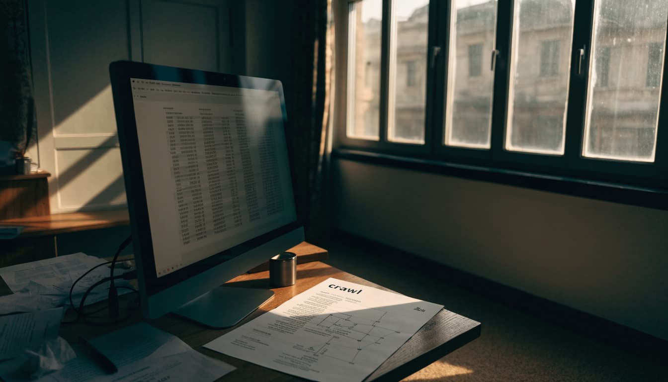 A monitor with a blurred crawl graph sits beside a printed URL map near a sunny window.