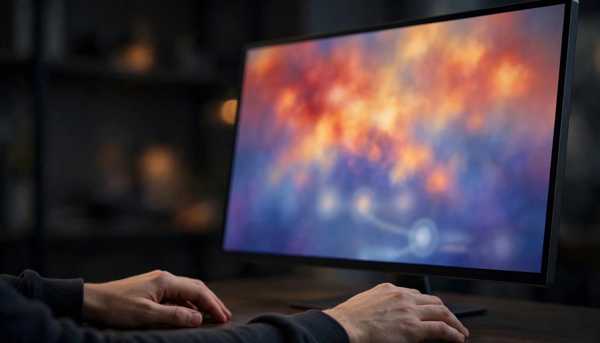 Two hands rest beside a monitor showing colorful heatmap patterns.