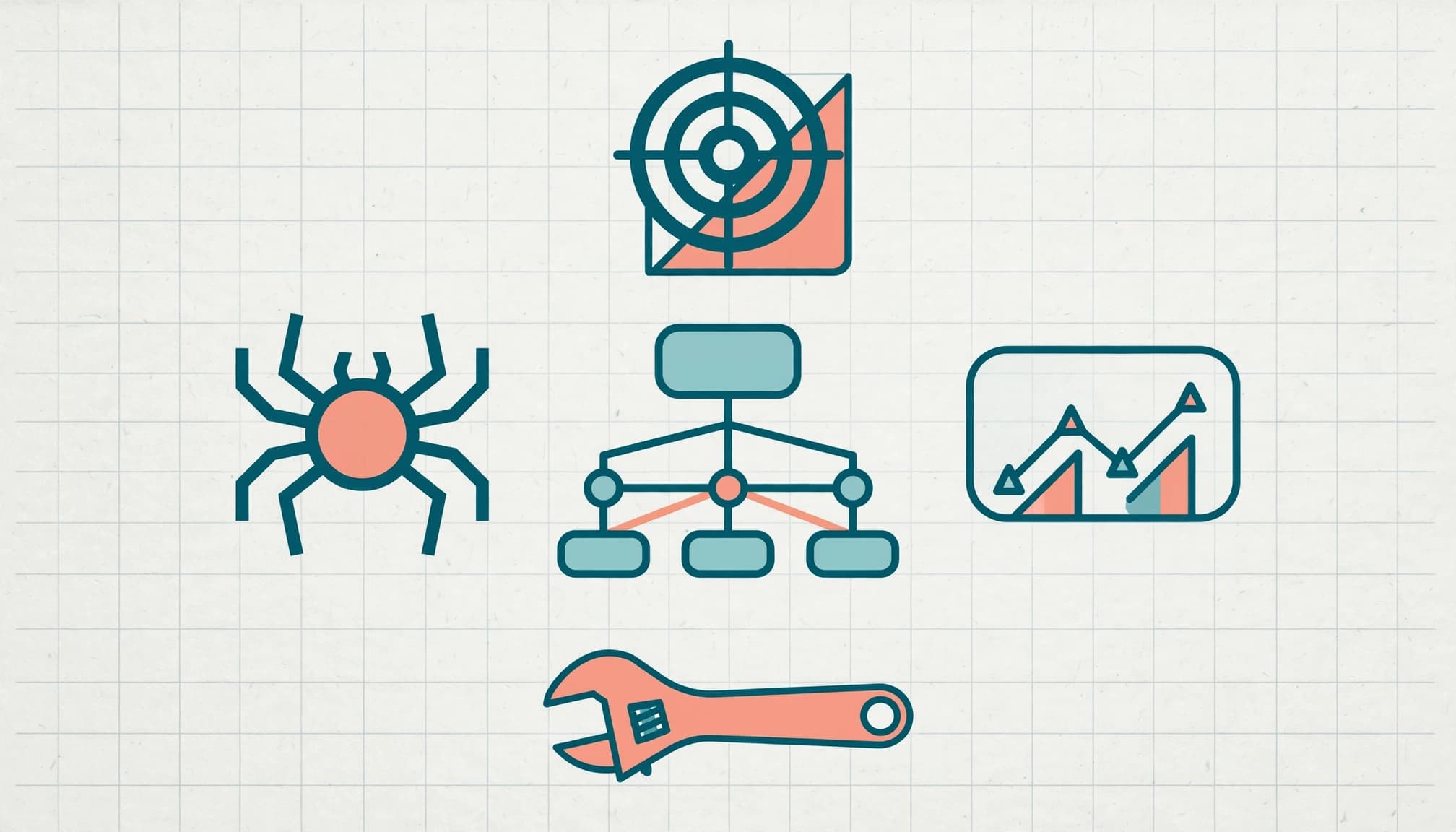 A website map sits among a target, crawler, graph, and wrench on gridded paper.