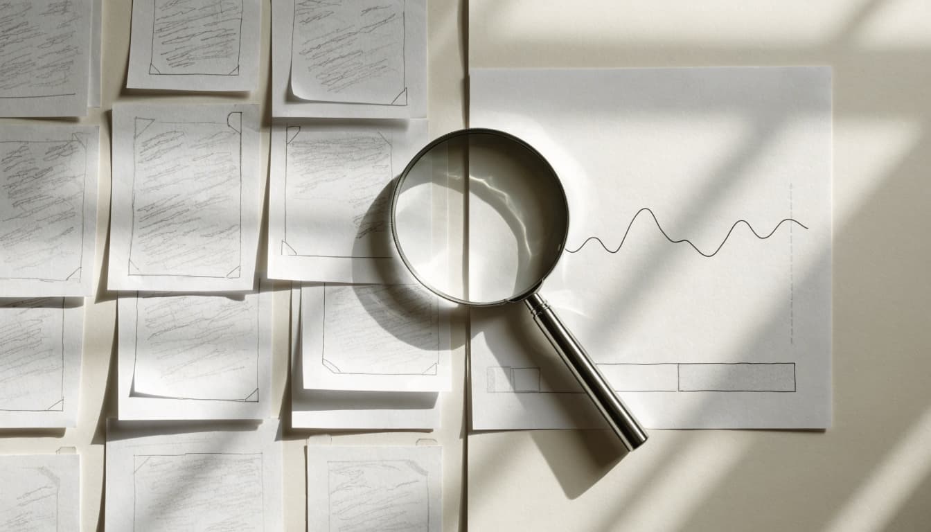 Paper reports with page tiles and a chart, separated by a magnifying glass.