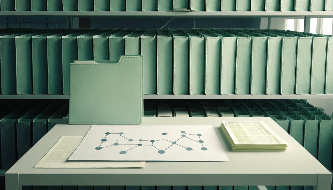 Blank folders, a sitemap diagram, and analytics sheets sit on a table before rows of shelves.