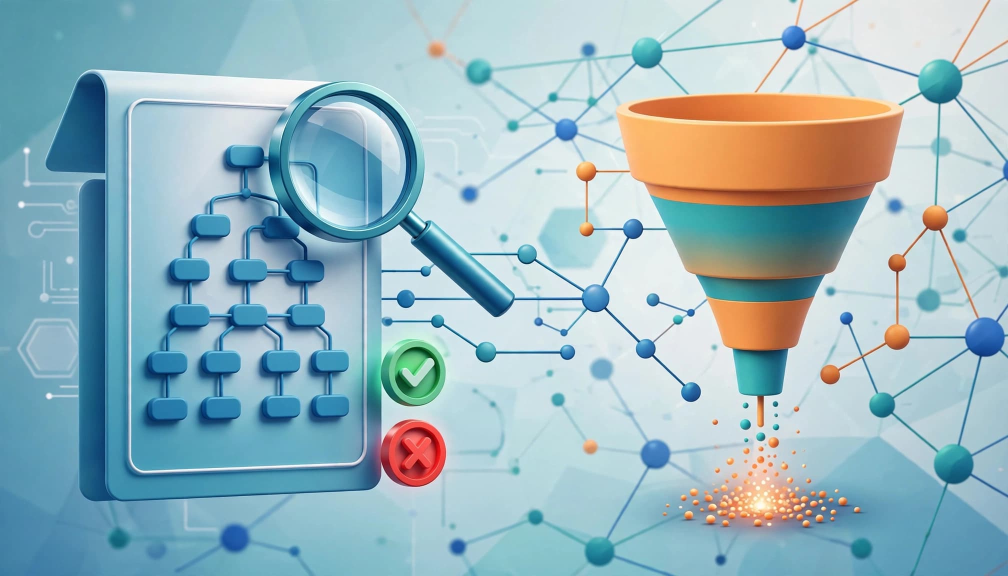 Sitemap document and funnel with validation markers over connected website nodes.