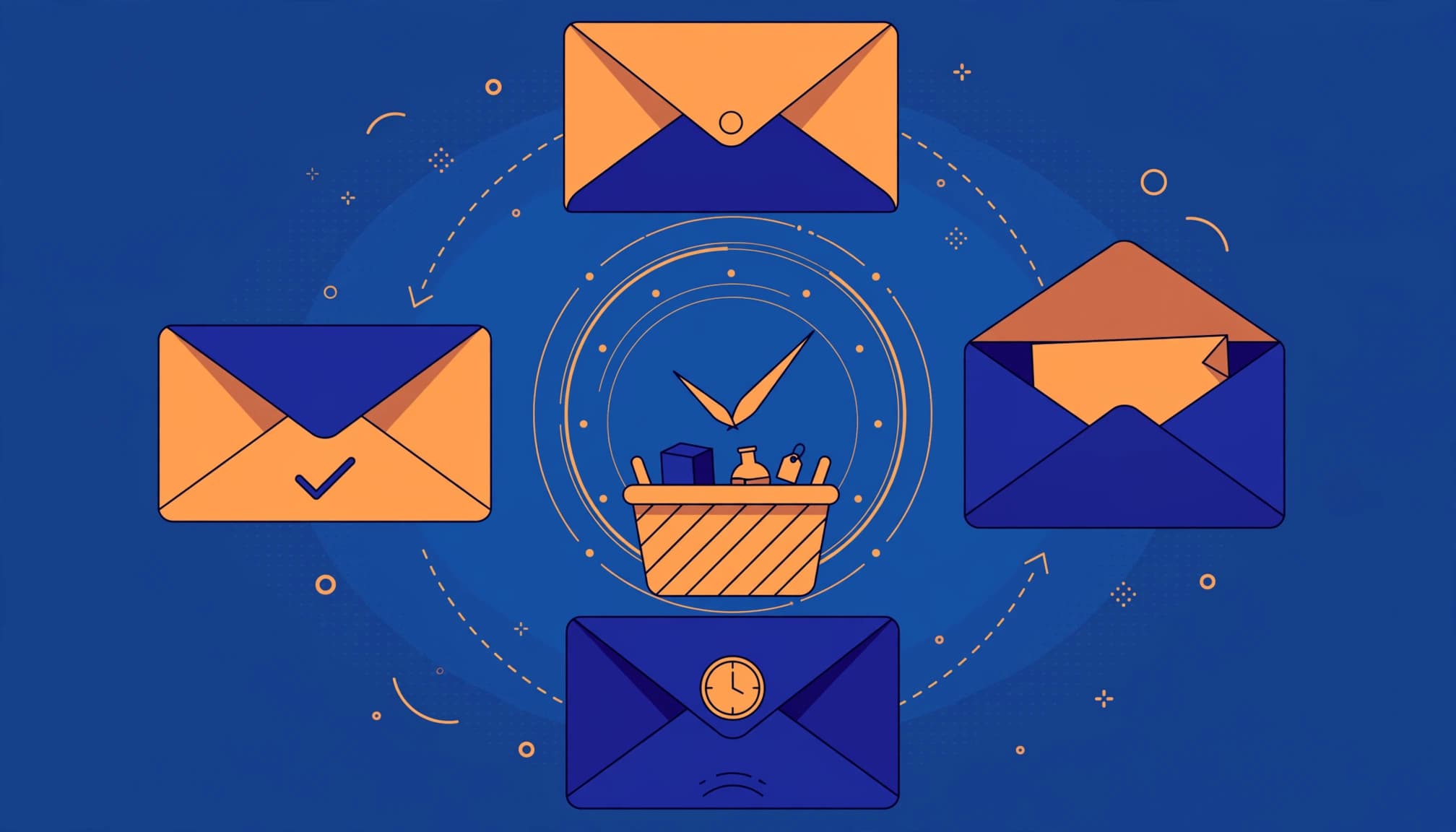 Timed email reminders around a shopping basket.