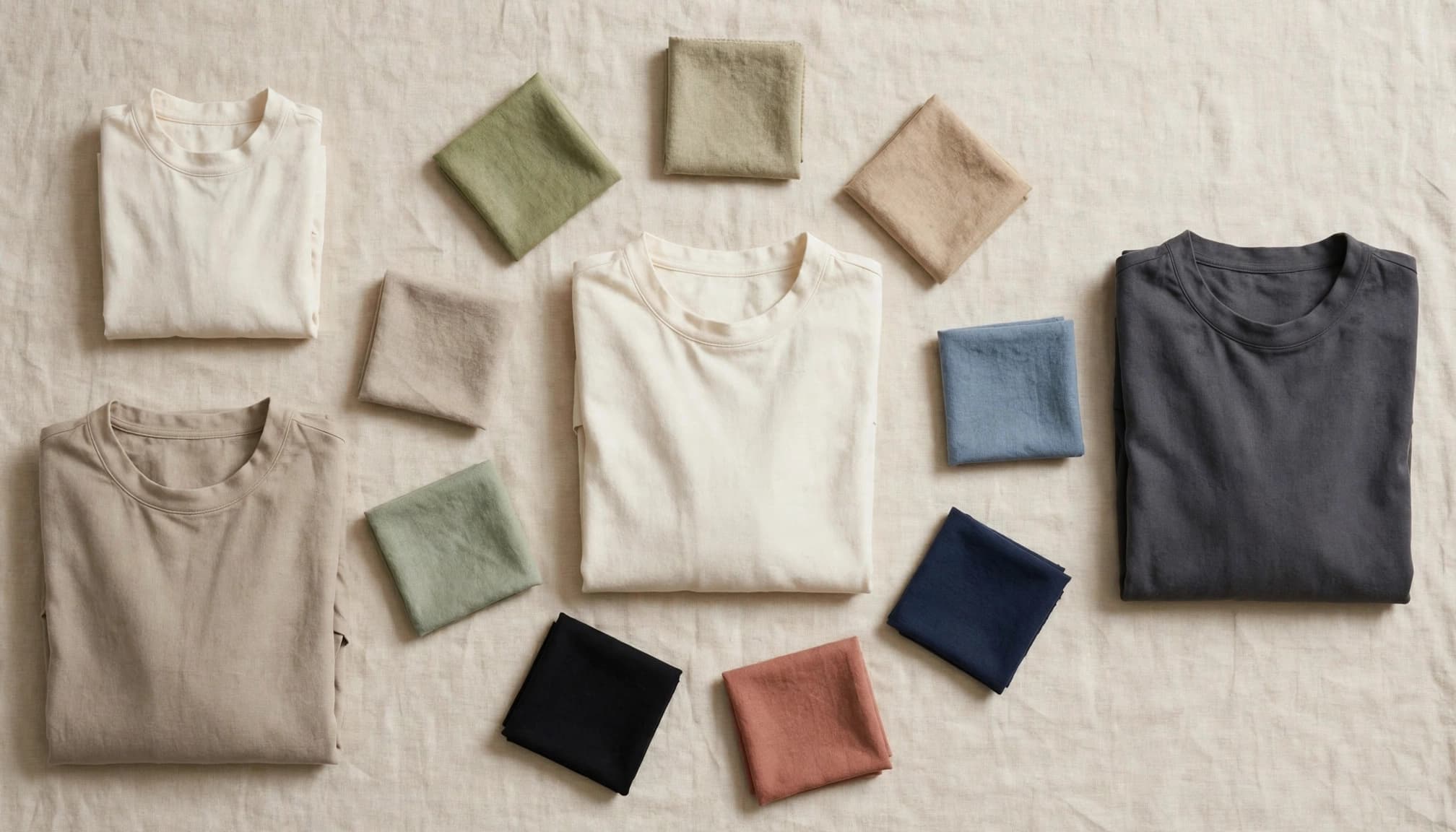 A folded shirt surrounded by fabric colors and neatly stacked garments.