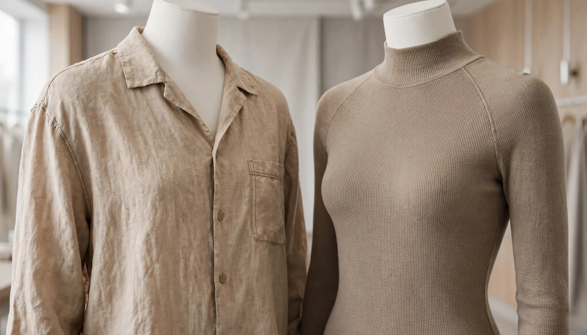 Two mannequins display similar-colored garments with different textures and fits.