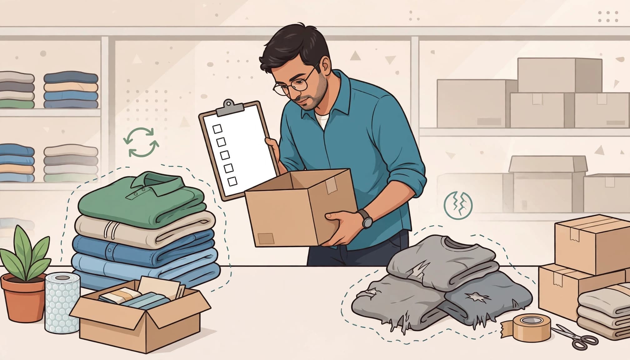 A merchant inspects returned apparel.