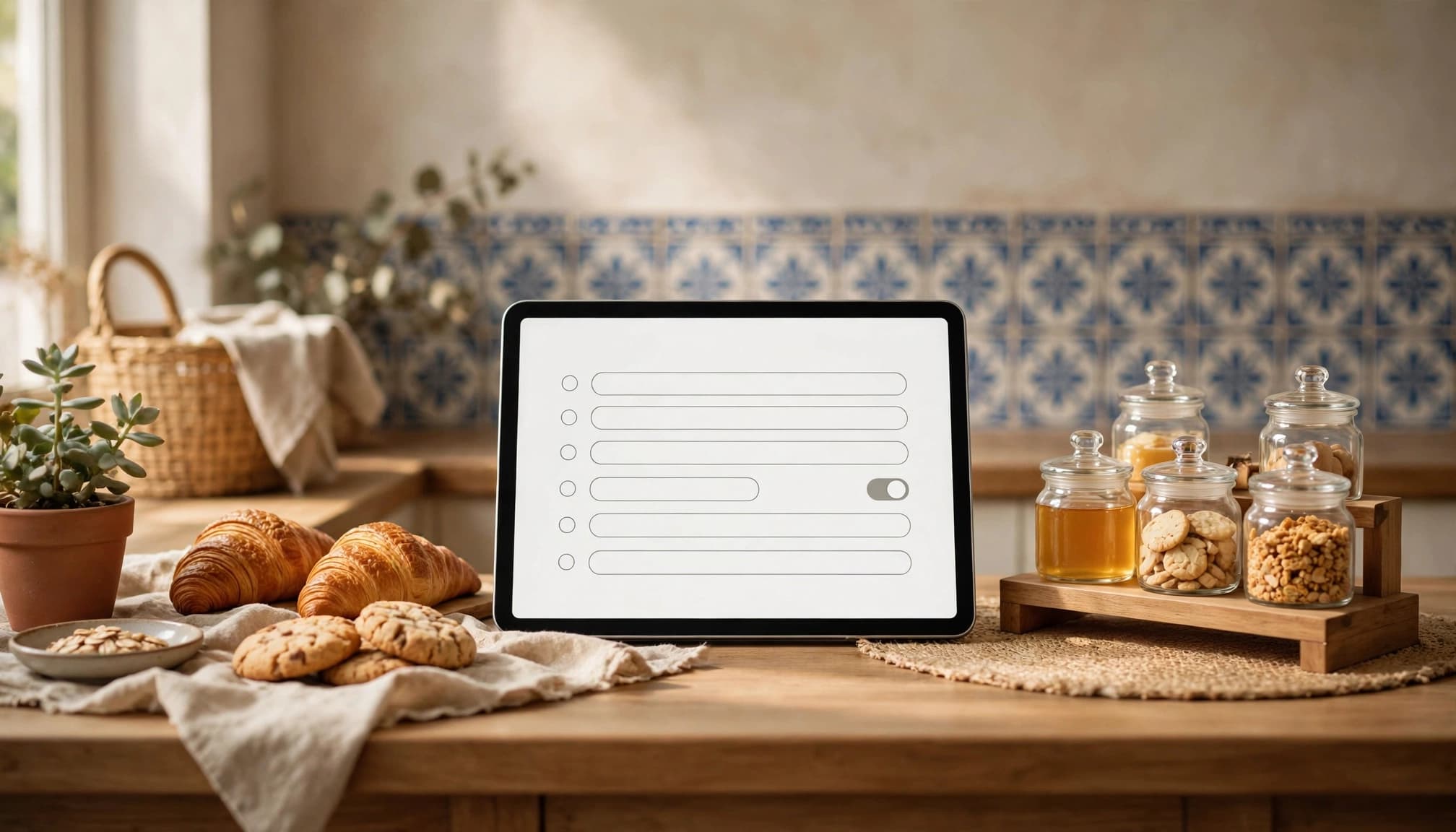 A tablet on a bakery counter displays a blank form alongside croissants and jars of treats.