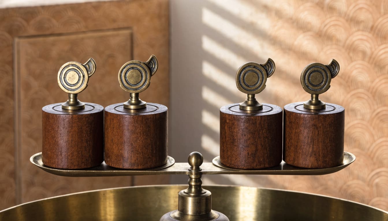 Three matching appointment tokens rest evenly on a brass scale.