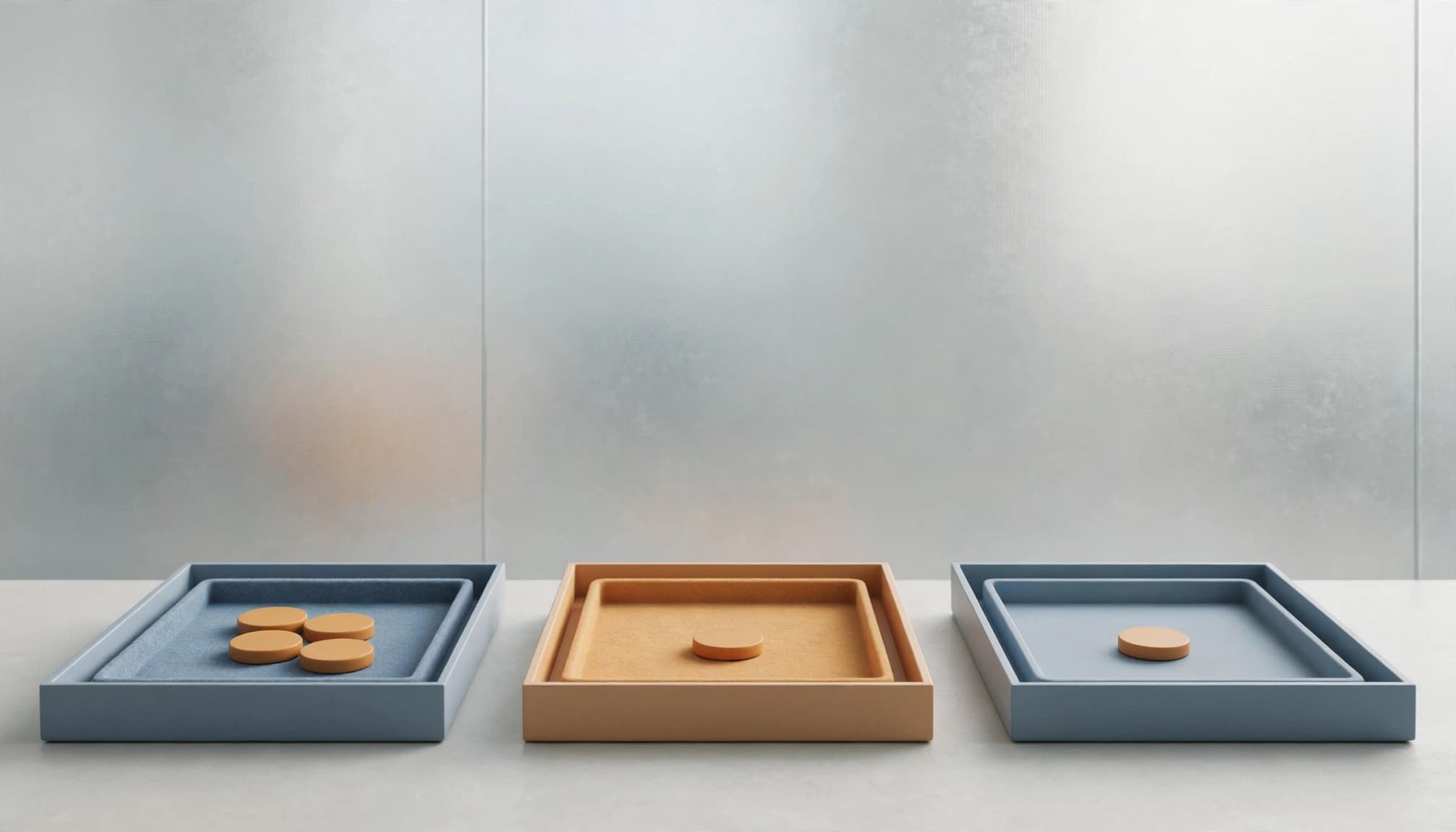 Five service tokens sit in three open trays with different fill levels.