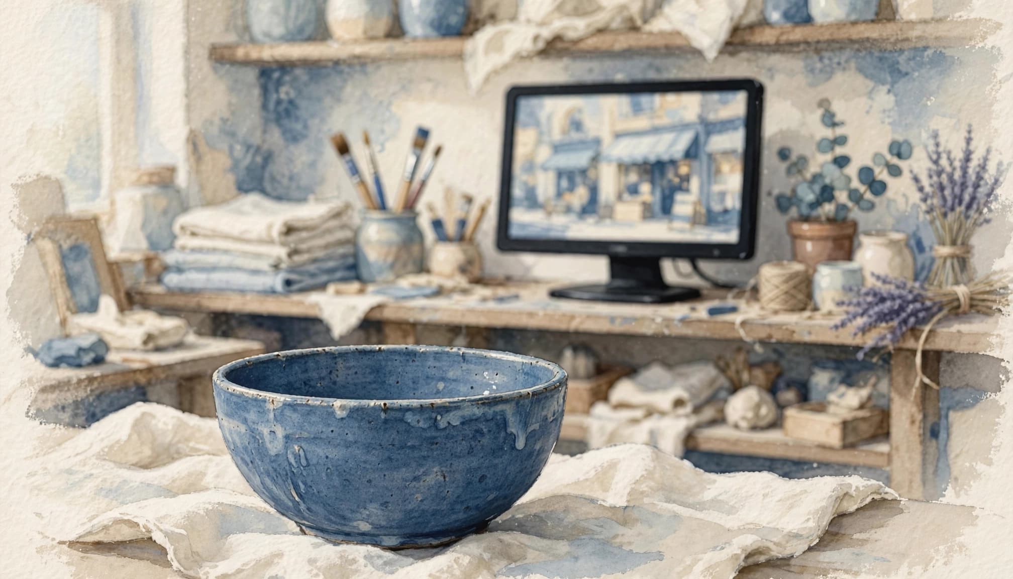 Ceramic bowl beside an online storefront.