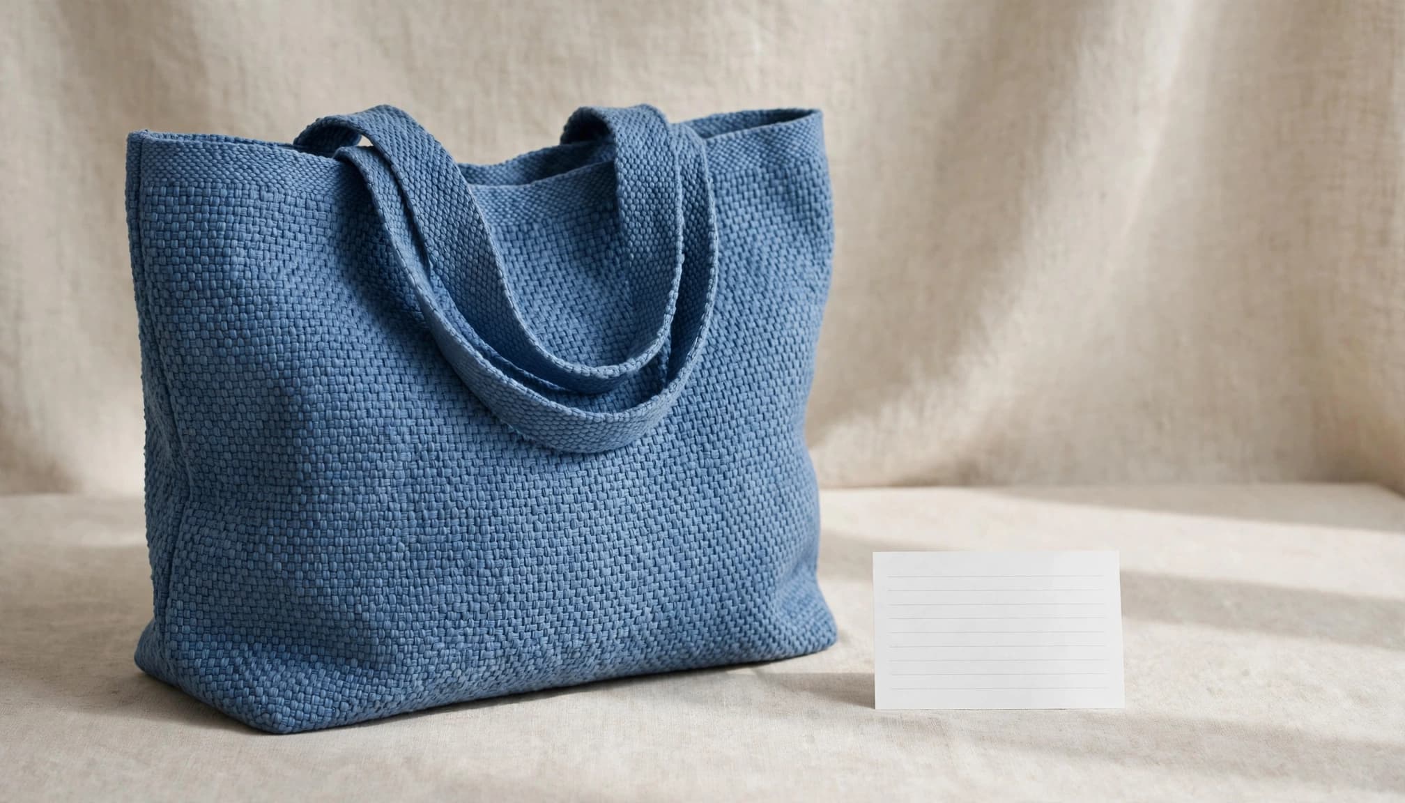Blue cotton tote beside a caption card.