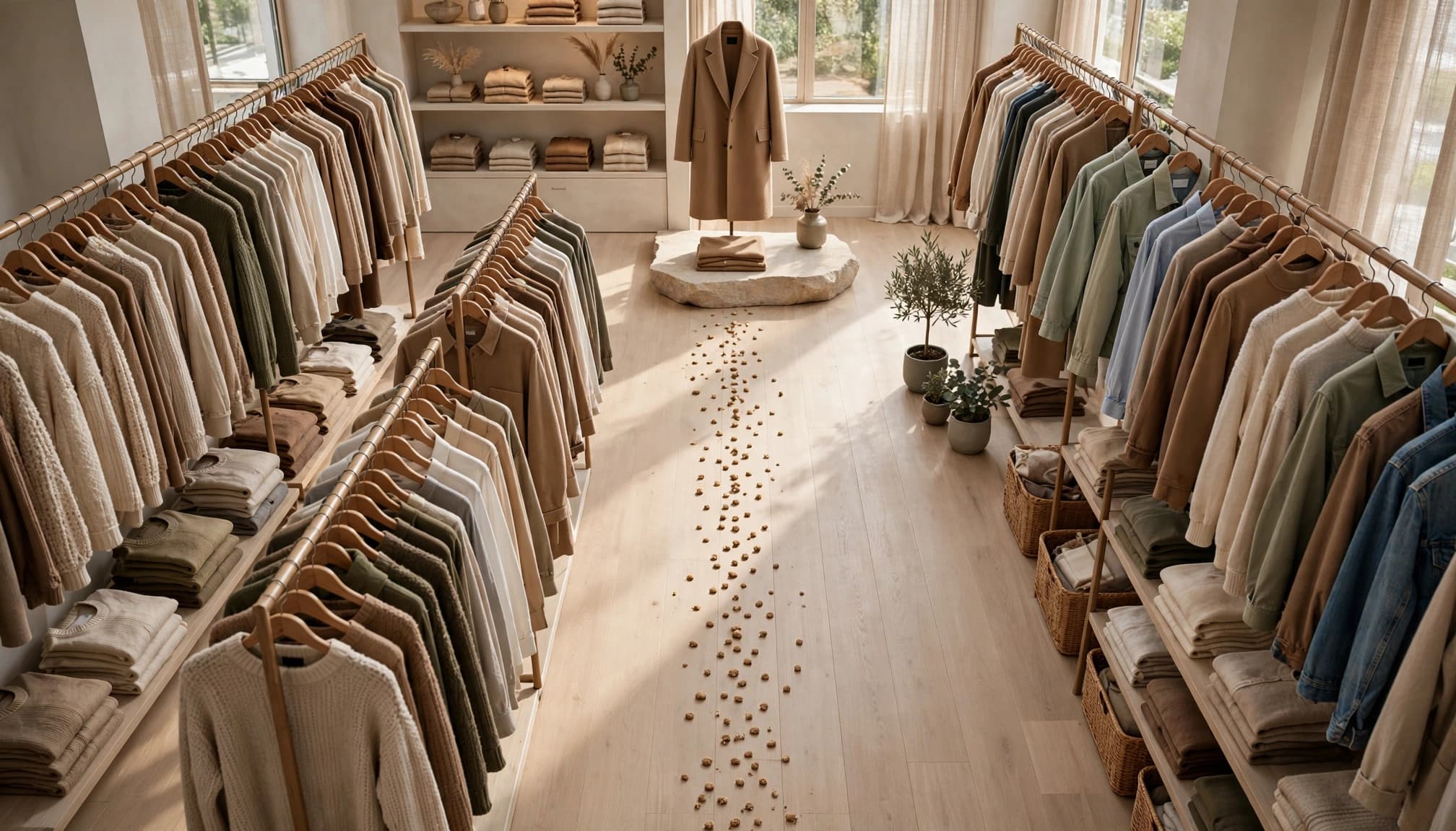Clothing racks line an aisle leading to a featured garment, with small markers on the floor.