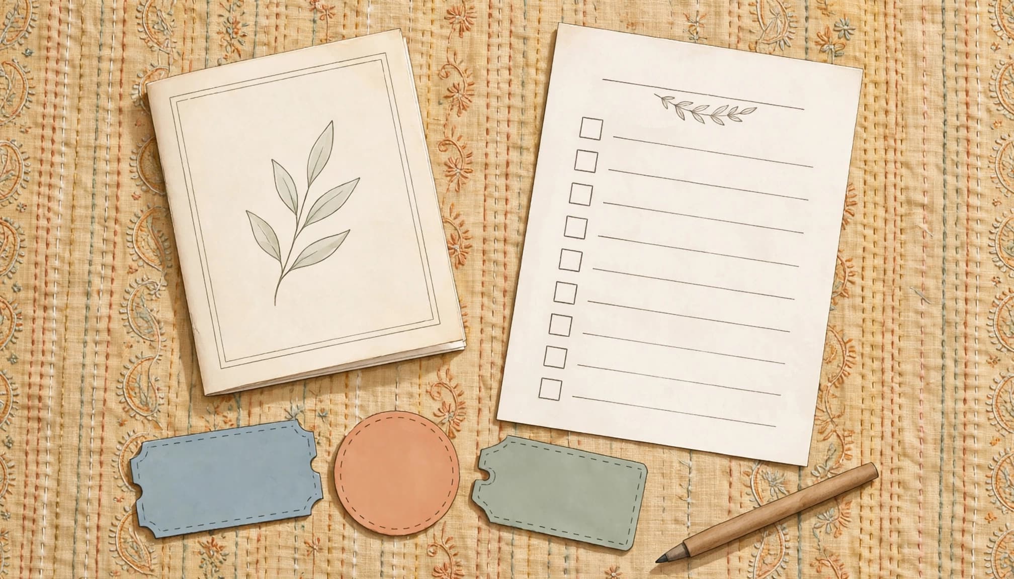 Overhead view of a notebook, a checklist page, three blank colored shapes, and a pen on a patterned fabric.