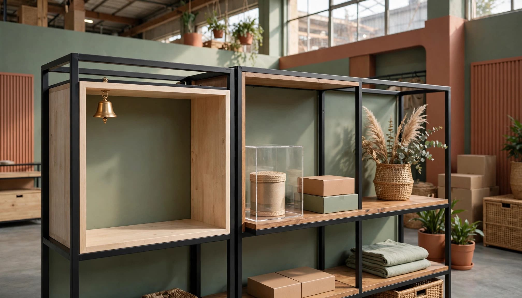 An empty shelf beside an alternative product and a small bell in a boutique showroom.
