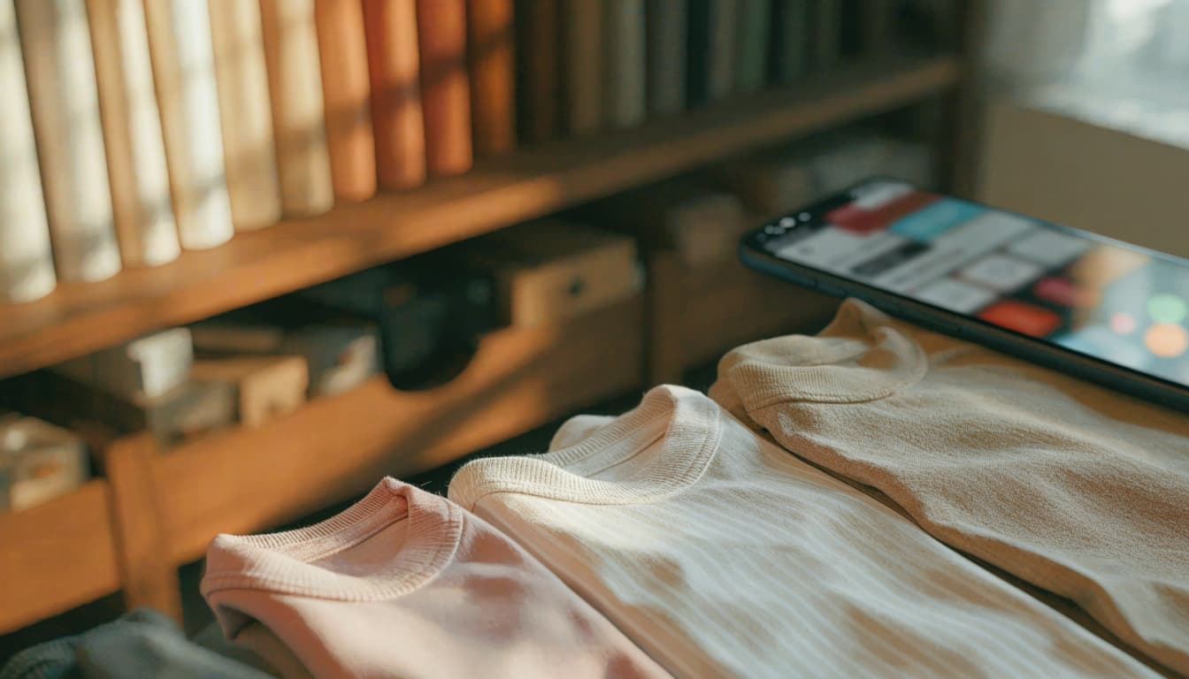 Folded clothing beside a product management device.