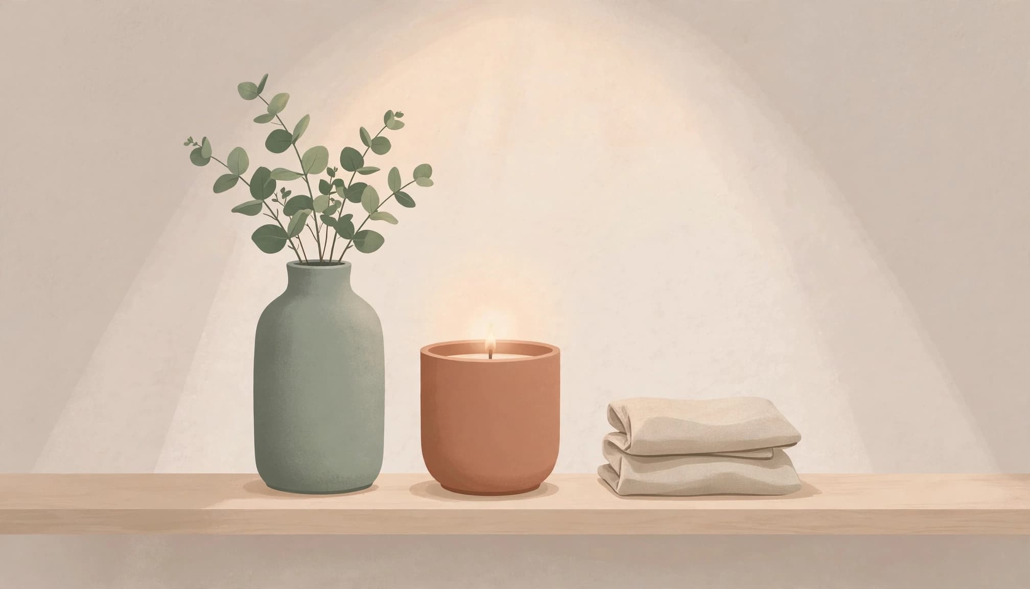 A minimal shelf vignette with a green vase of branches, a lit candle, and folded cloths.