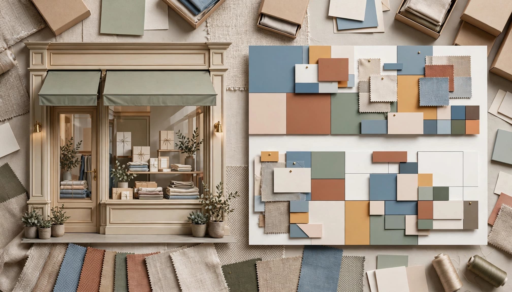 A creative boutique storefront mockup next to a modular layout of colored panels and fabric swatches.