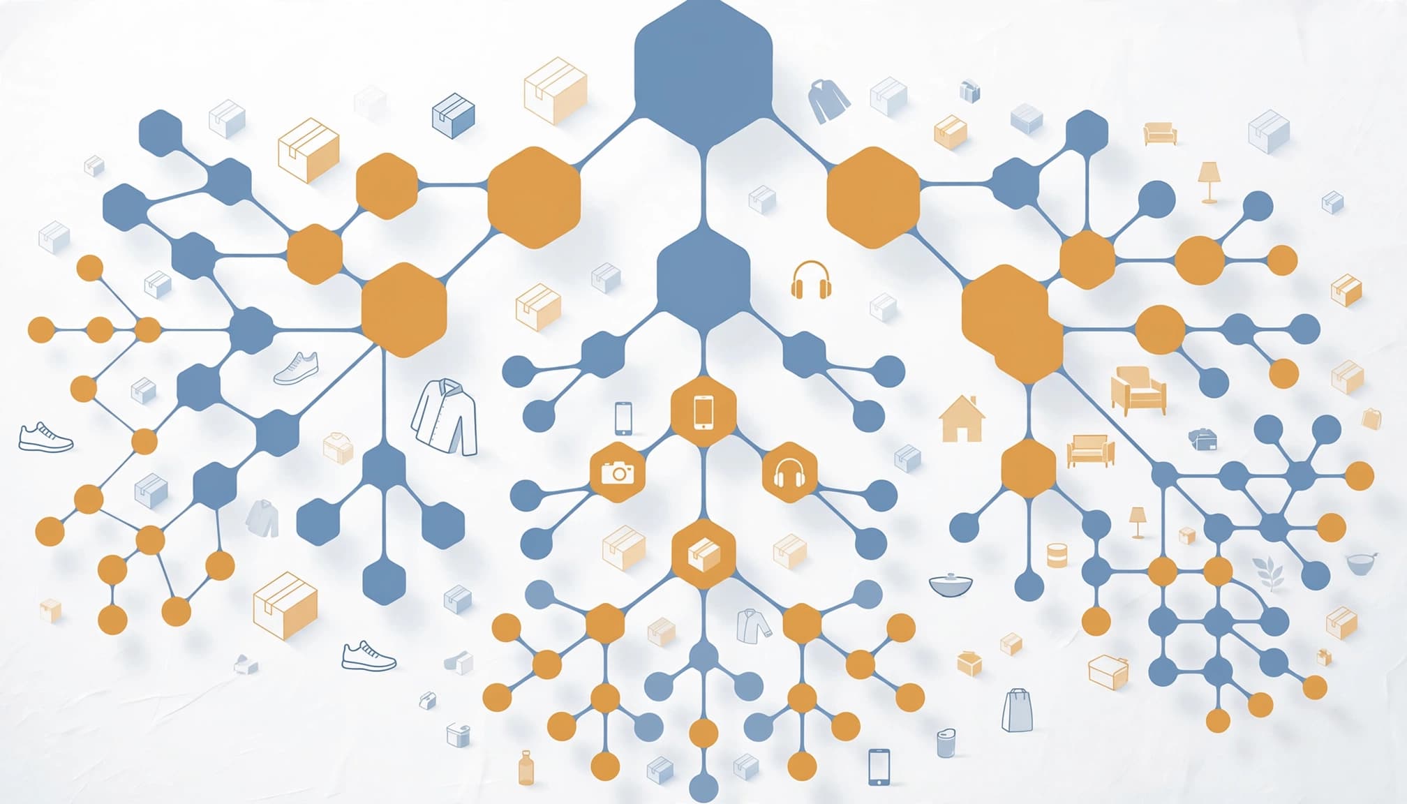 Blue and amber category paths branch among product and parcel silhouettes.