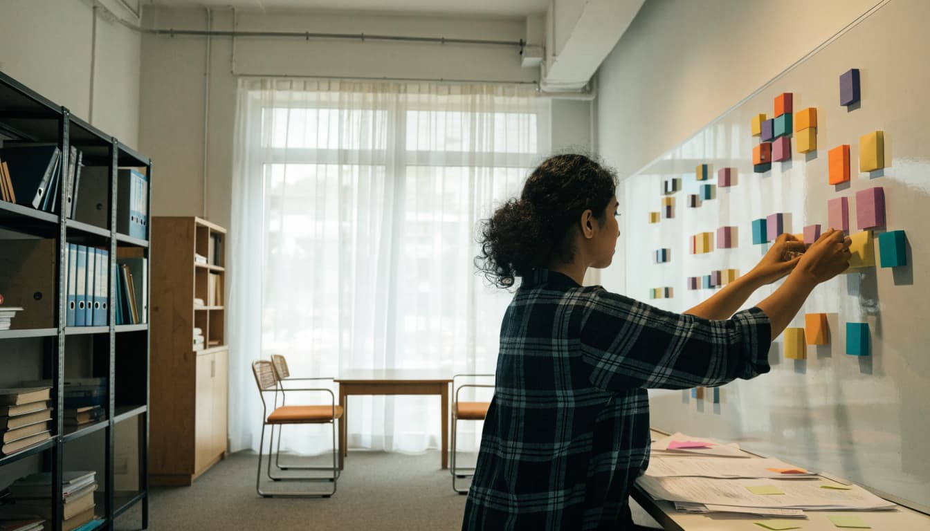 A business owner studies abstract blocks on a whiteboard in a modest office.