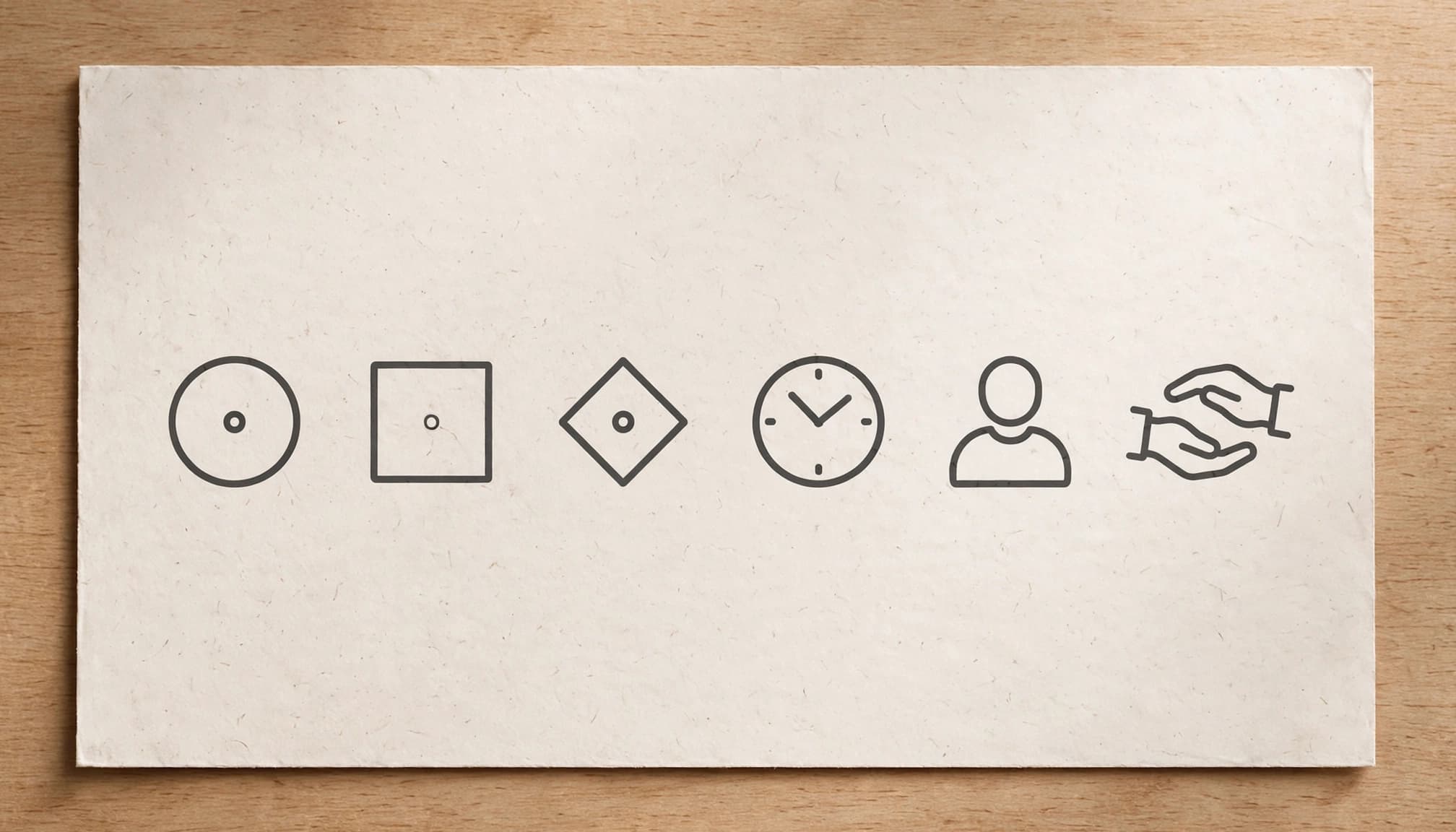 A paper card shows clock, owner, and handoff symbols on a tabletop.