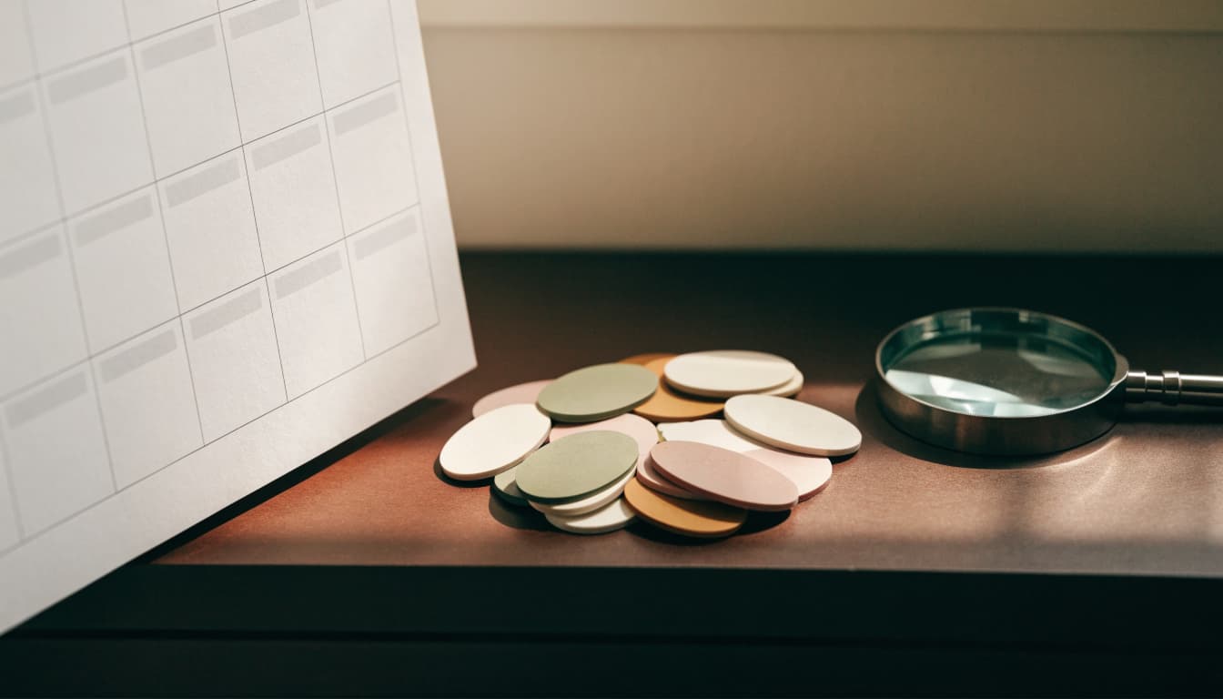 Colored inquiry tokens and a magnifying glass sit beside a blank wall calendar.