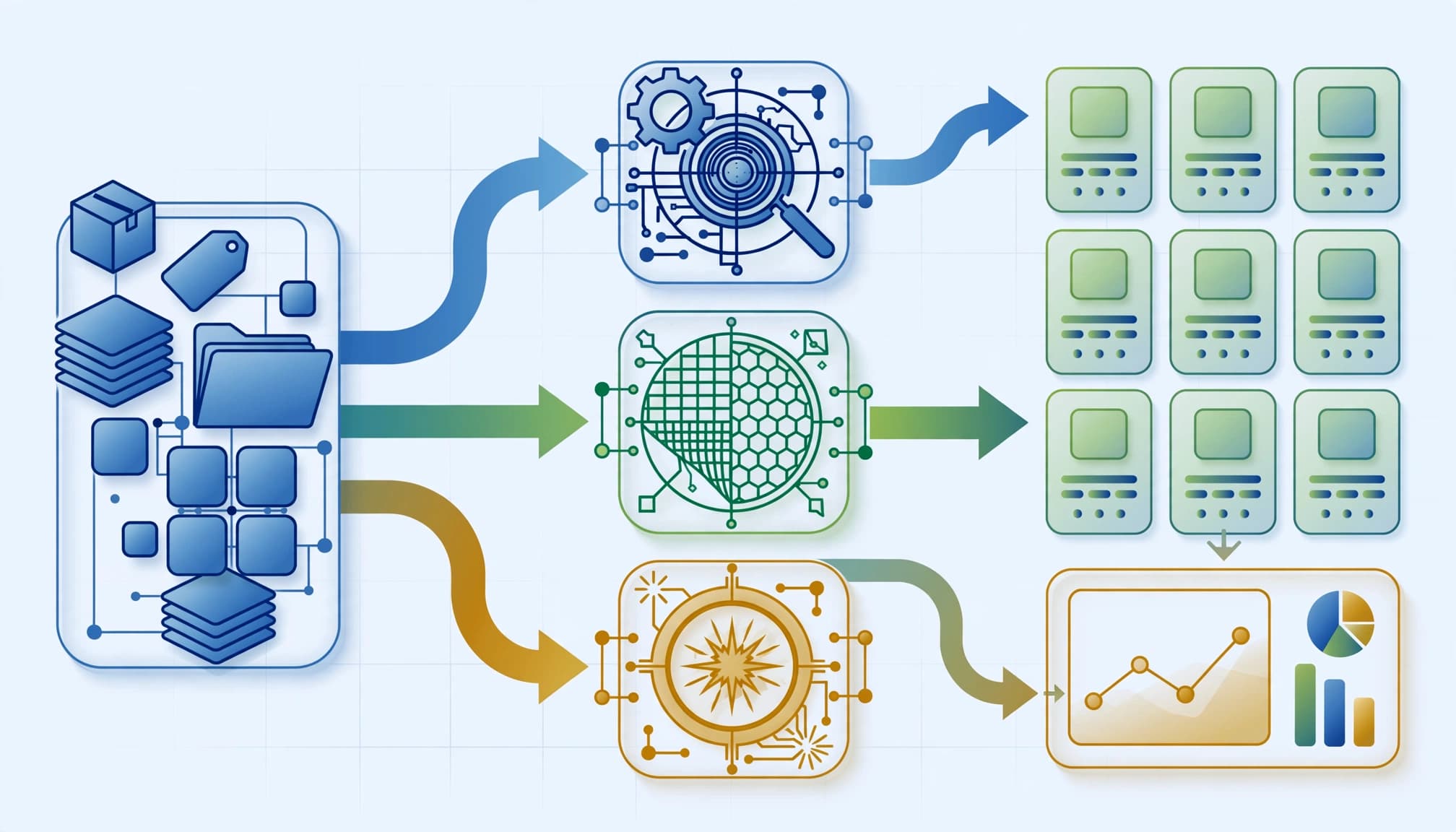 A conceptual vector diagram showing product data blocks connecting to three search engines and storefront tiles.