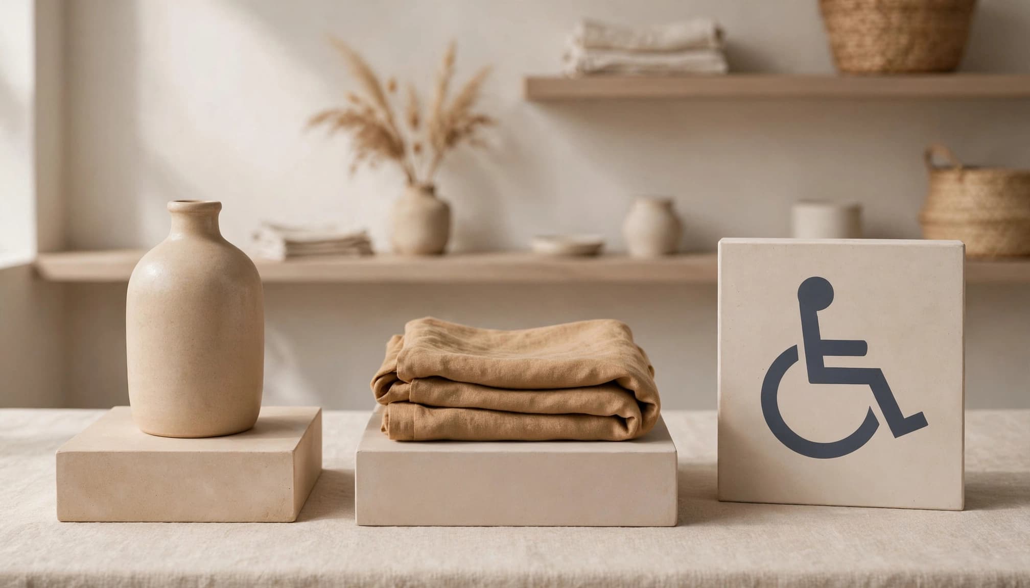 Products arranged beside an accessibility symbol.