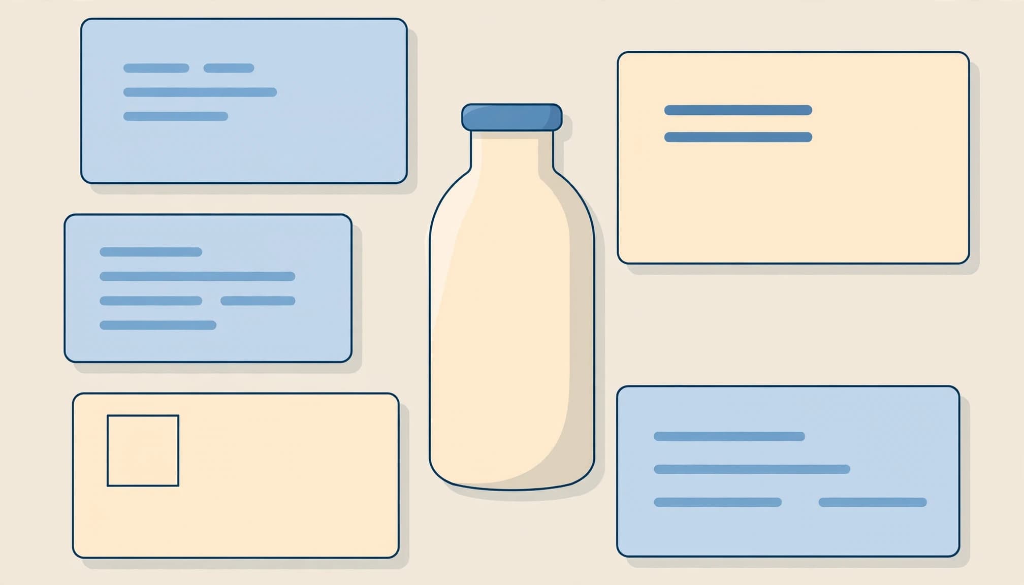 Illustrated product surrounded by page information panels