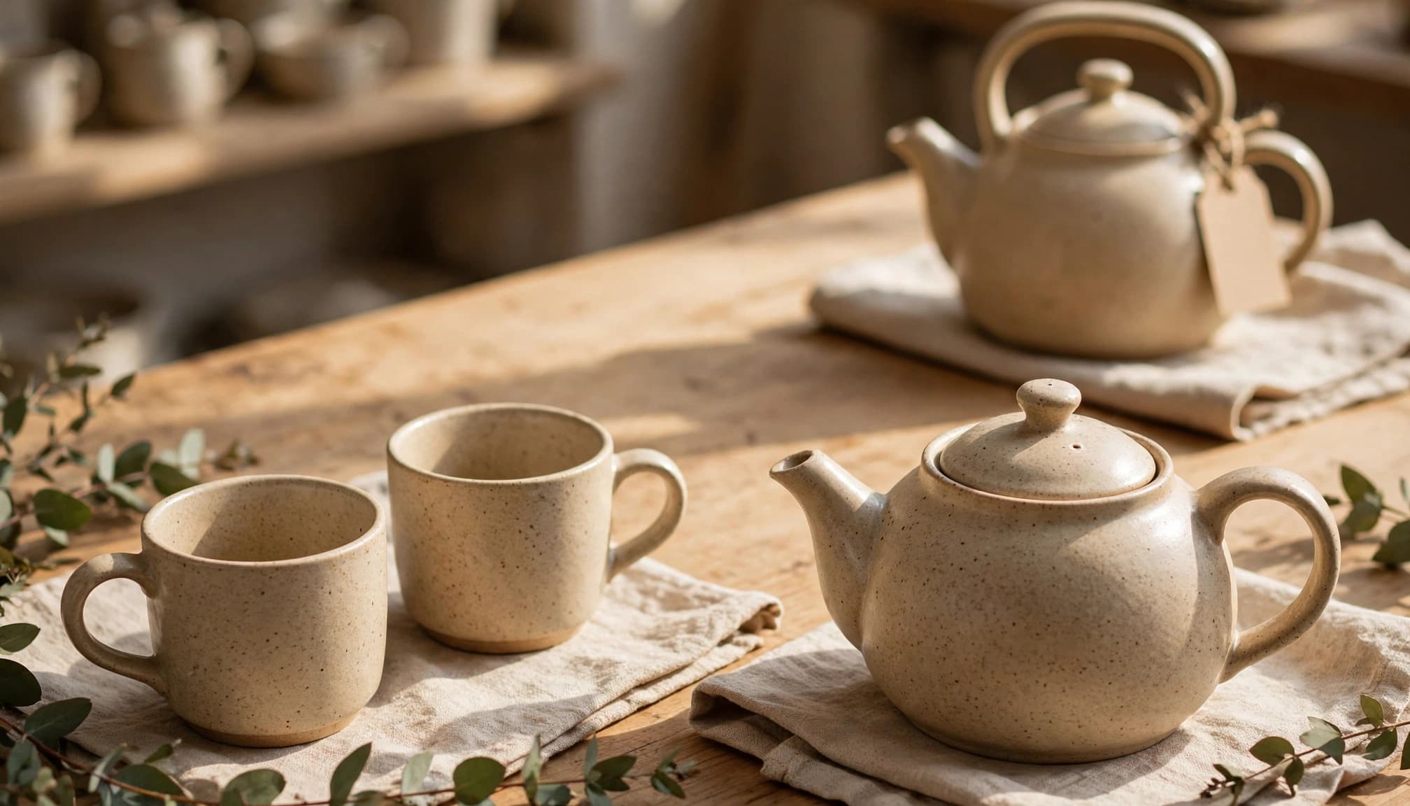 Two matching mugs and a teapot sit beside an empty spot on a store counter.