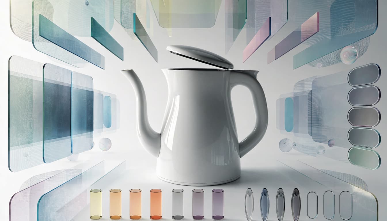 A ceramic kettle surrounded by floating panels and arranged color and capacity options.