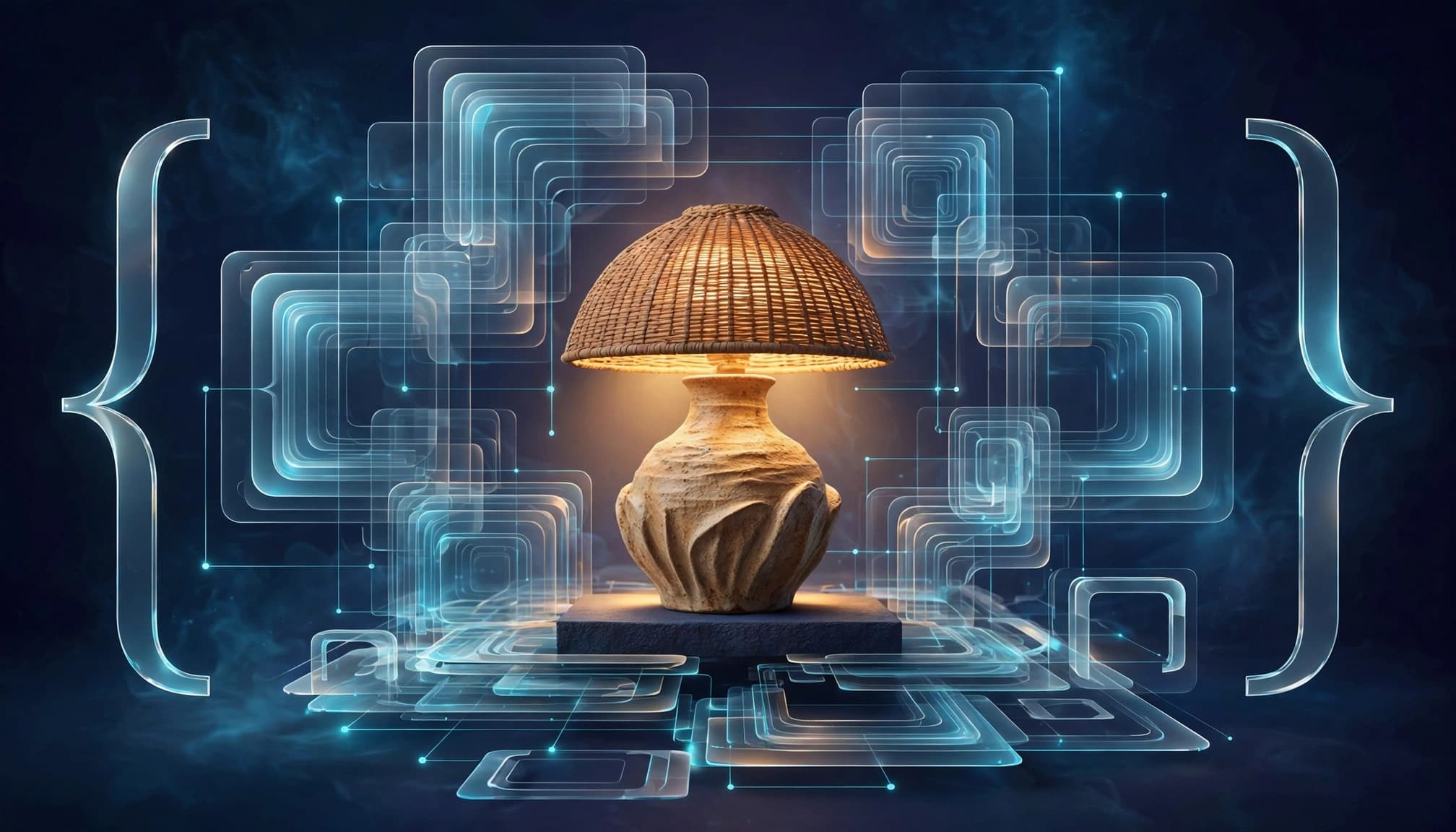 Lamp framed by structured data layers.