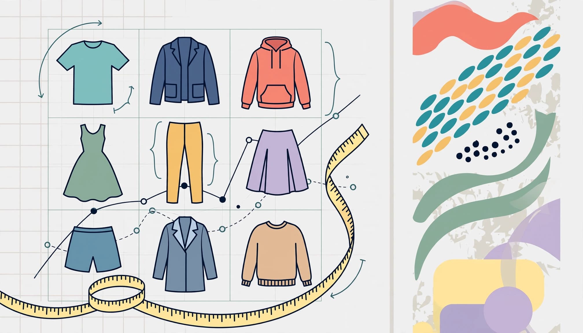 Illustrated clothing chart and measuring tape.