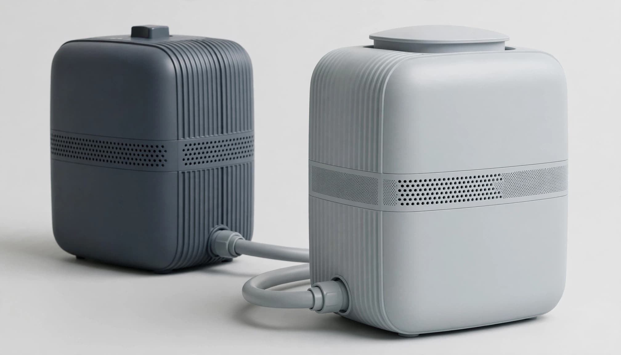 Two similar countertop appliances stand together, with the newer model slightly forward.