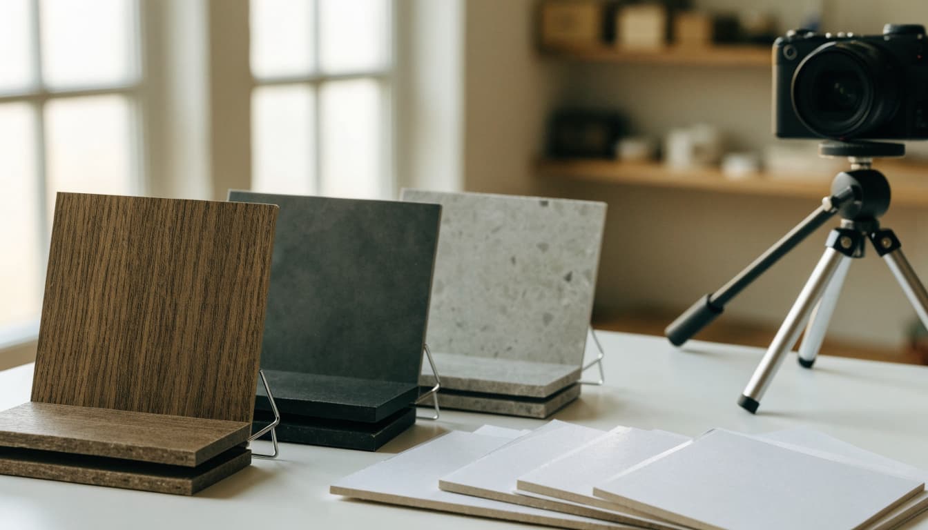 Three material samples and blank cards sit in front of a camera on a tripod.