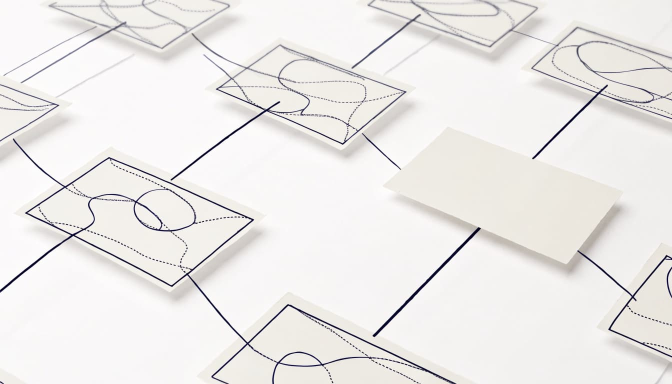 Faint cards connect to one crisp central sheet.