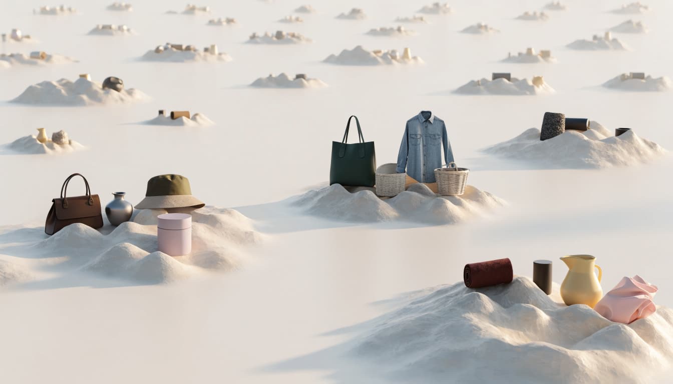 Three groups of miniature products stand out from faint scattered variations on a white surface.
