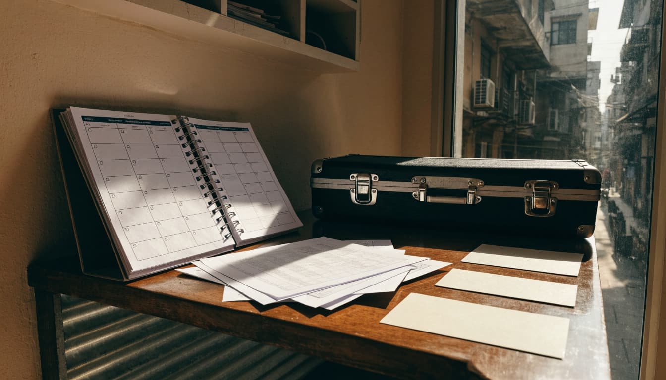 Blank inquiry cards sit beside an open calendar and closed travel case.