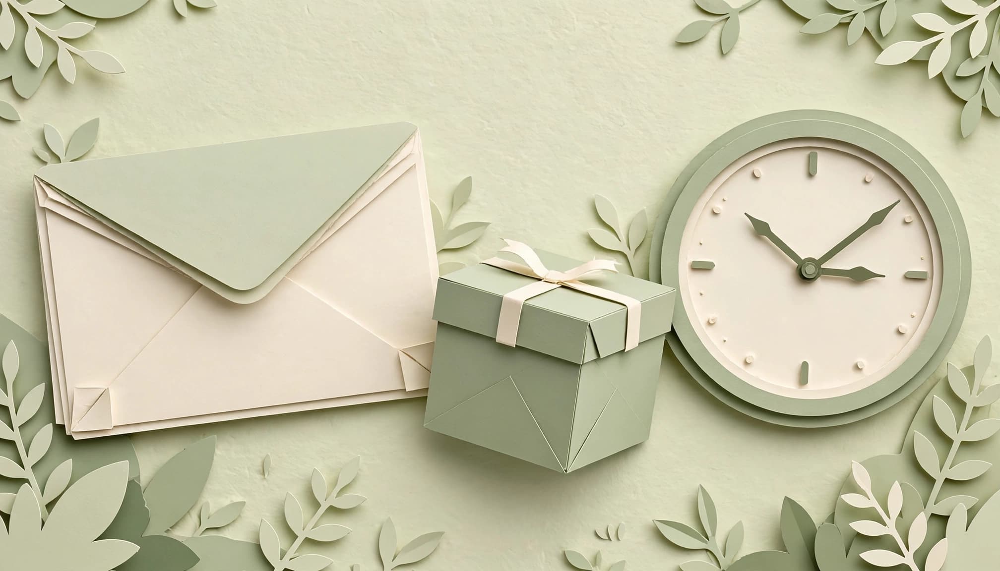 An early reminder beside a parcel and clock.