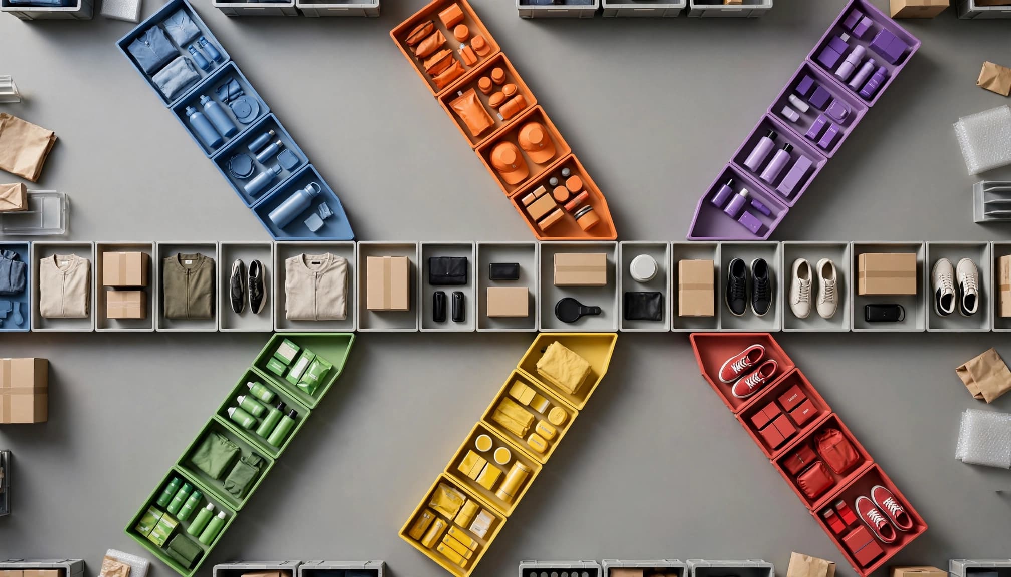 Colored product trays form a main path with separate side branches.