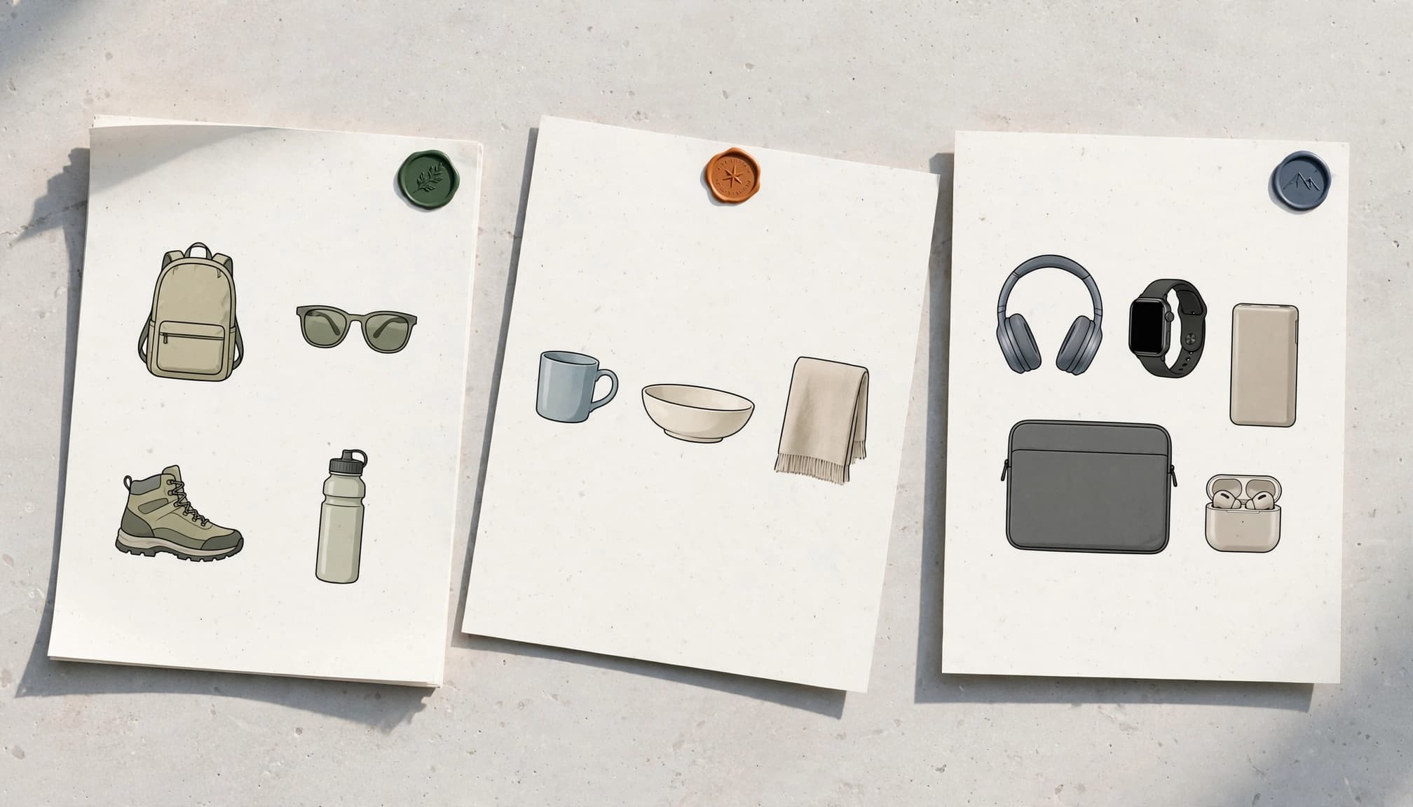 Three angled page sheets show different product arrangements and small seals.