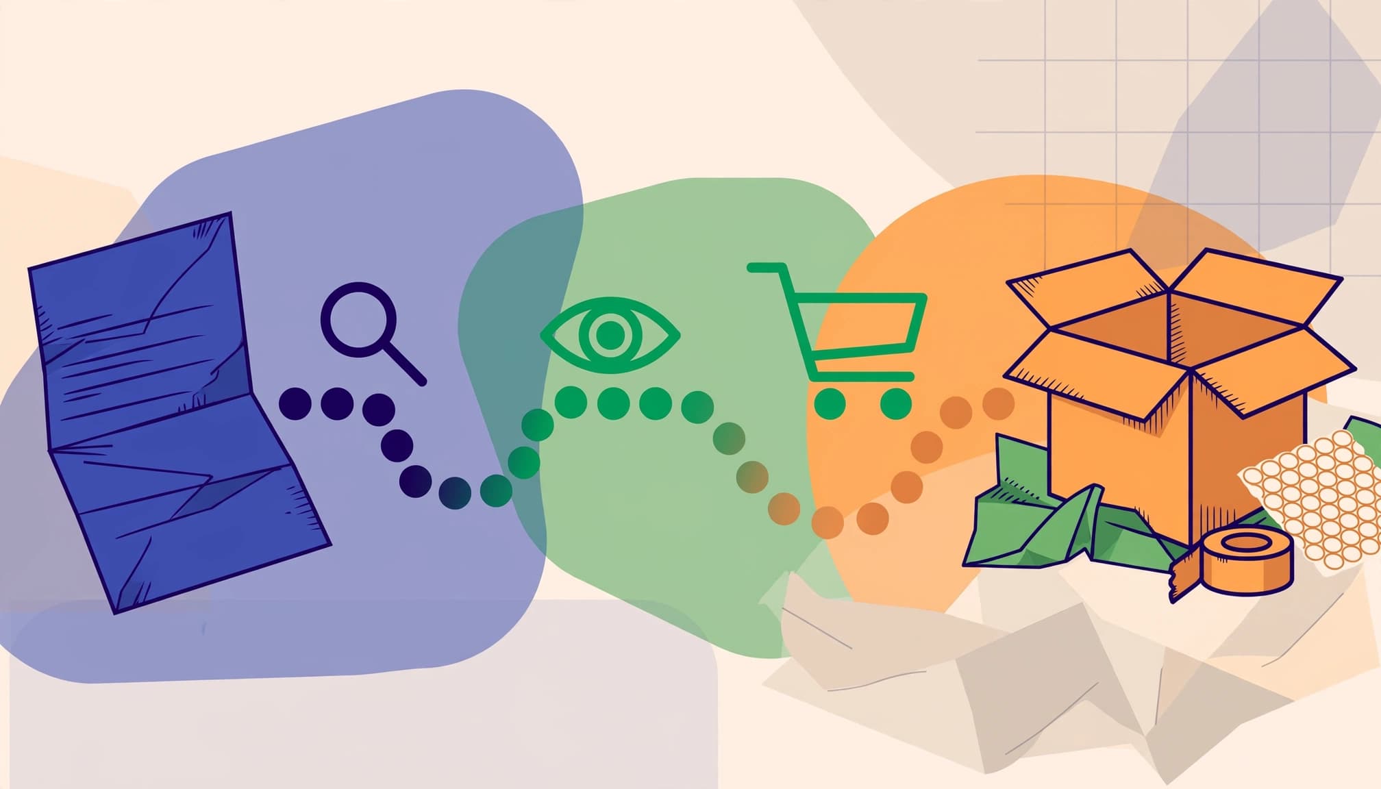 An illustrated journey connecting articles with ecommerce outcomes.