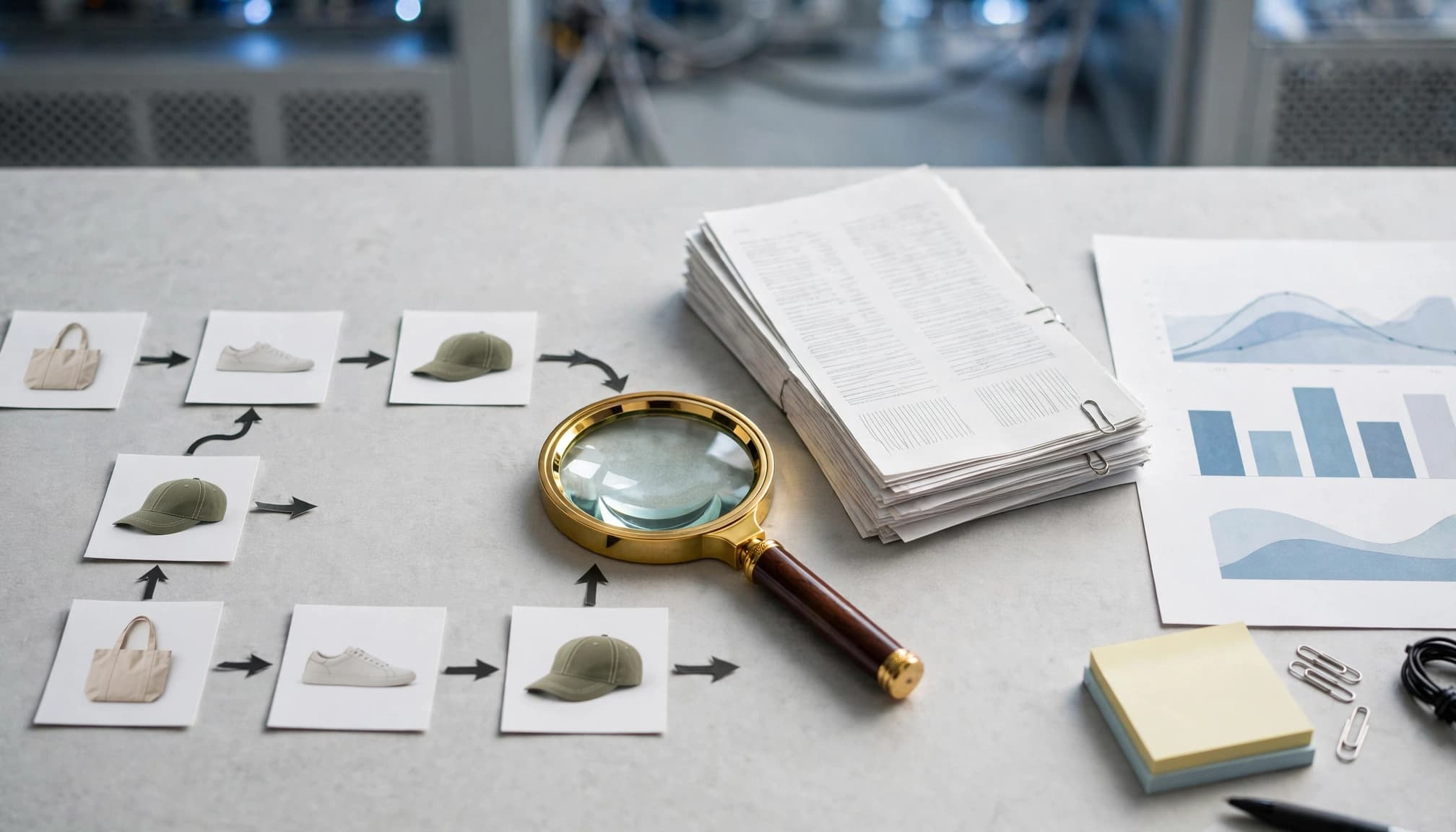 A magnifying glass, catalog path, log sheets, and abstract search chart sit on a bright tabletop.
