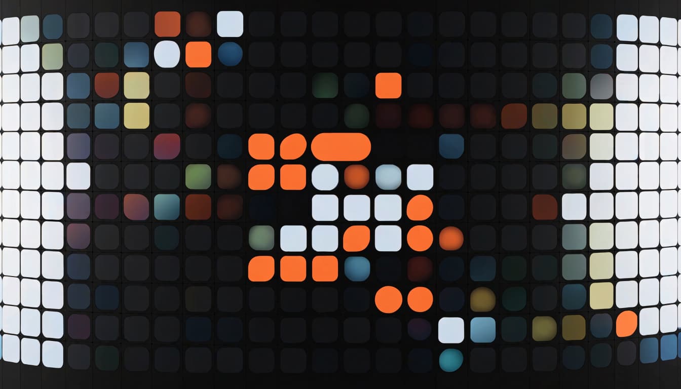 Orange tiles cluster at the center of a grid as colored tiles fade toward the edges.