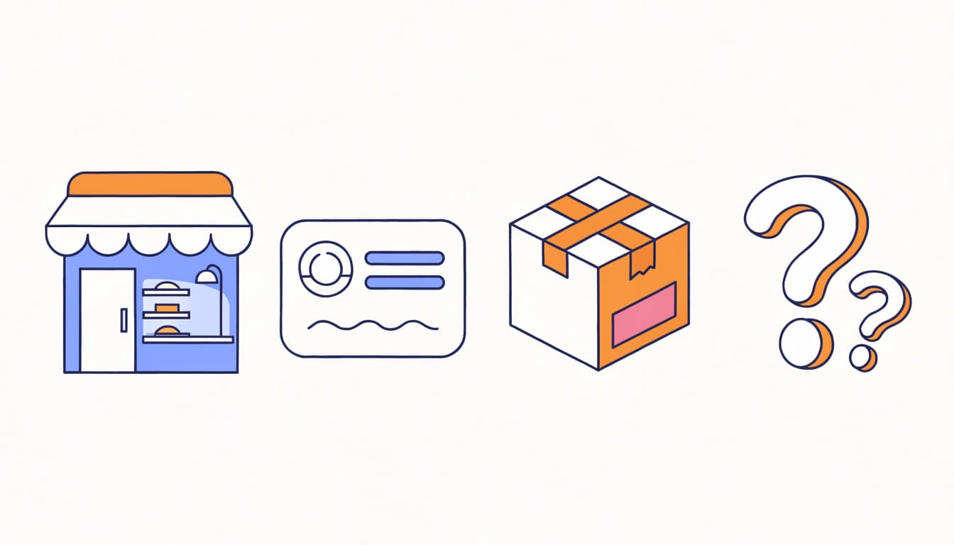 A flat vector illustration showing a store, payment card, shipping box, and question marks.