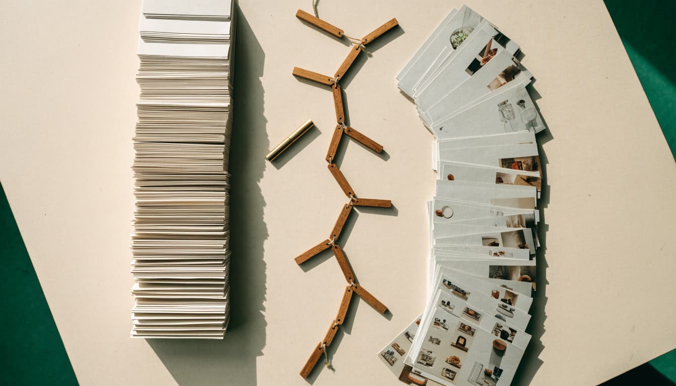 Cards and product tiles sit in separate piles, connected by a wooden path and brass marker.