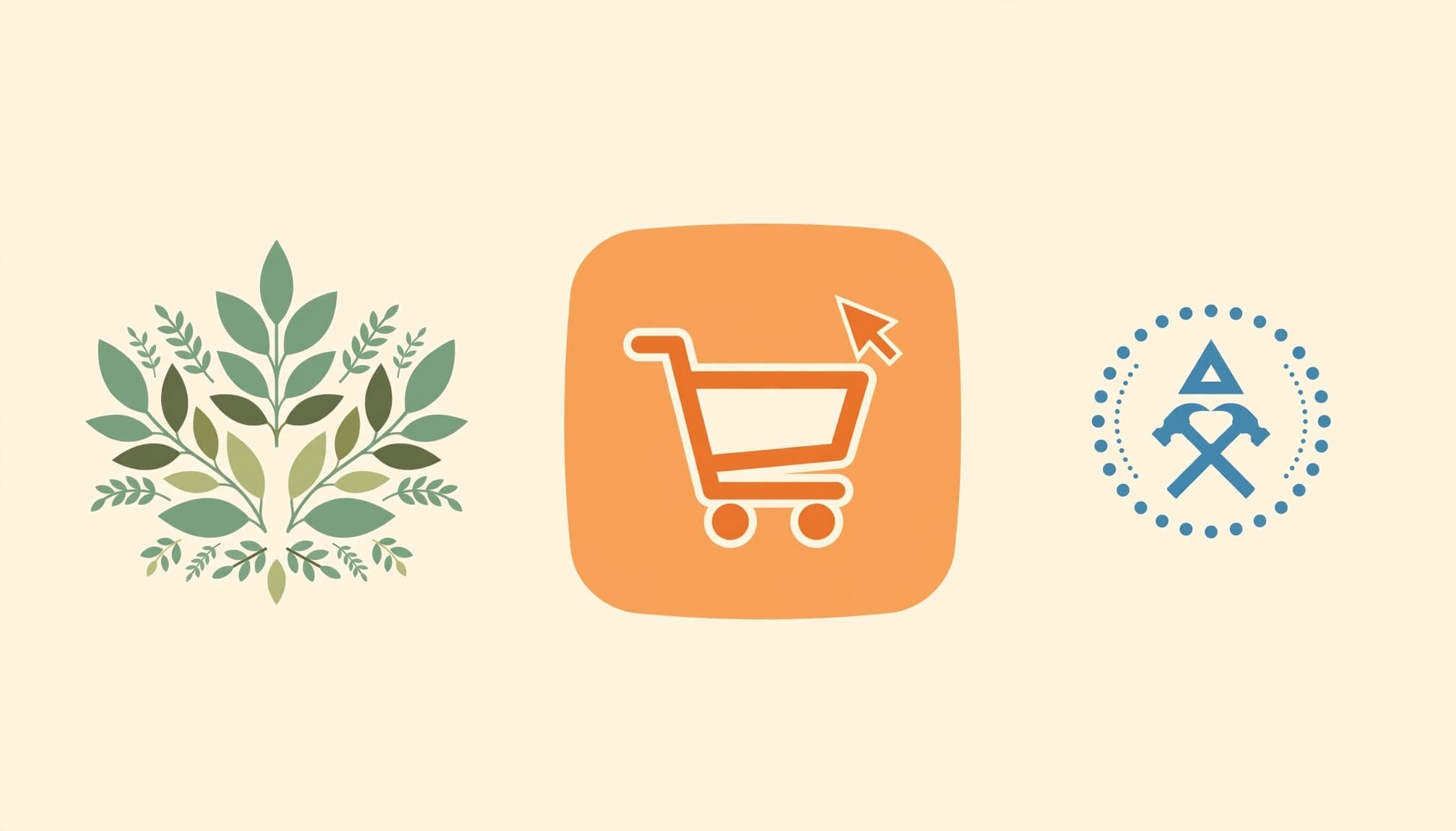 Decorative leaves beside a shopping-cart icon.
