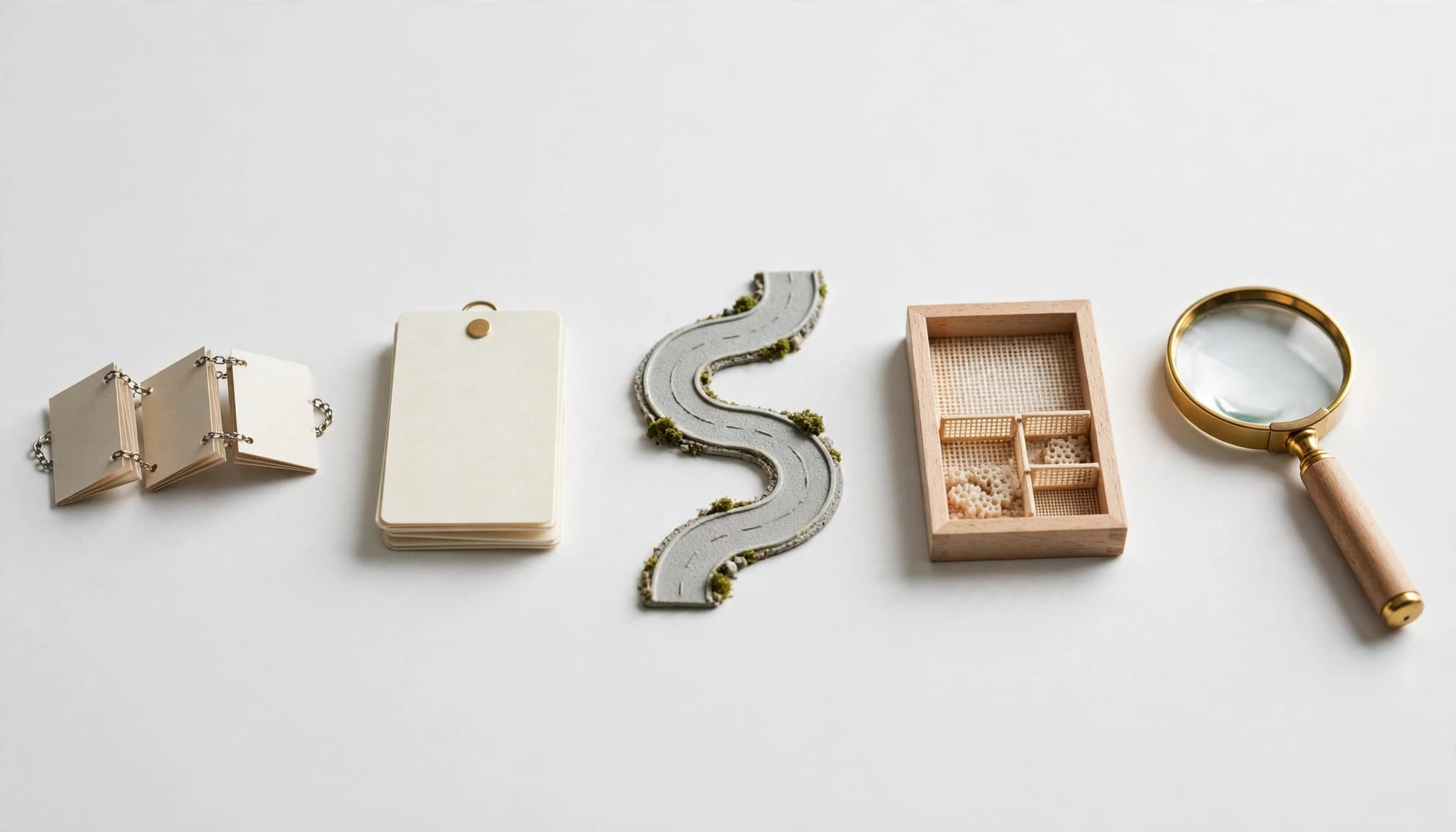 Miniature catalog pages, cards, a route, a filter tray, and a magnifier on a white tabletop.